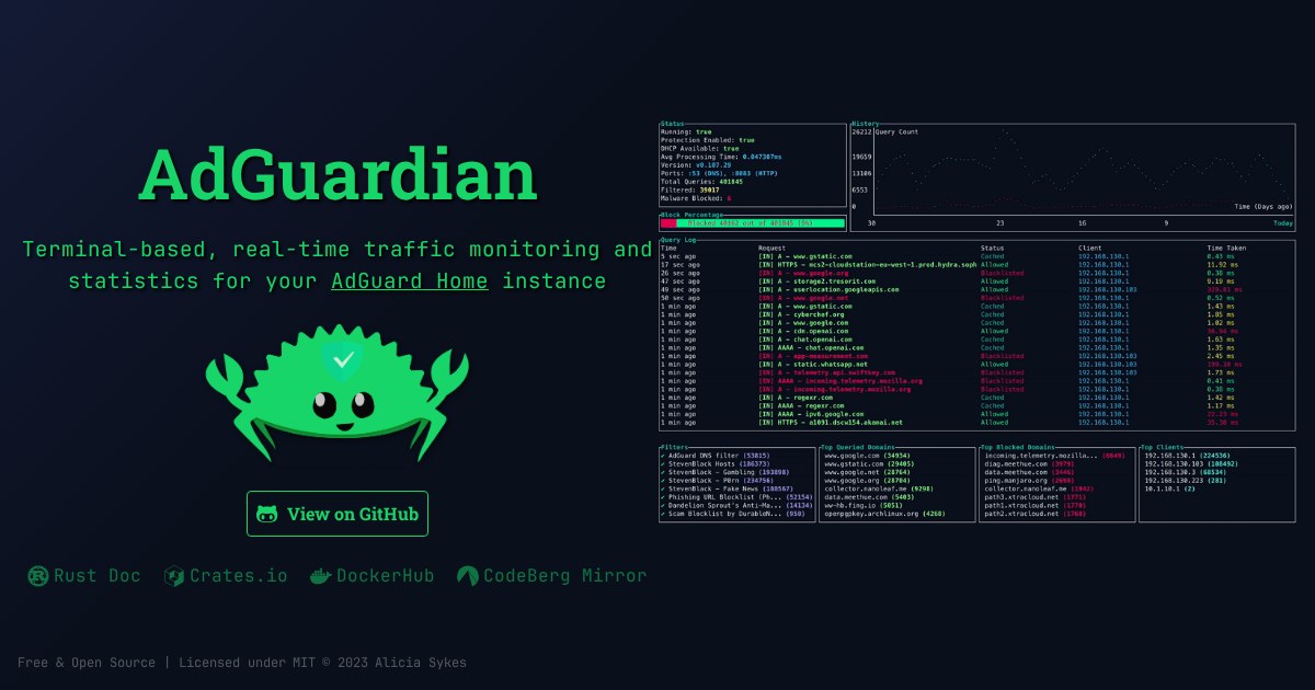 AdGuardian-Term: Terminal-based, real-time traffic monitoring and statistics for your AdGuard Home instance
