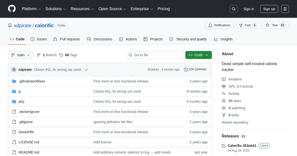 Calorific: Simple self-hosted calorie tracking