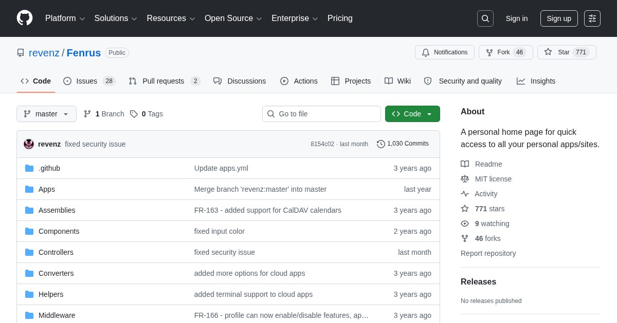 Fenrus: Personal home page for quick access to personal apps and sites