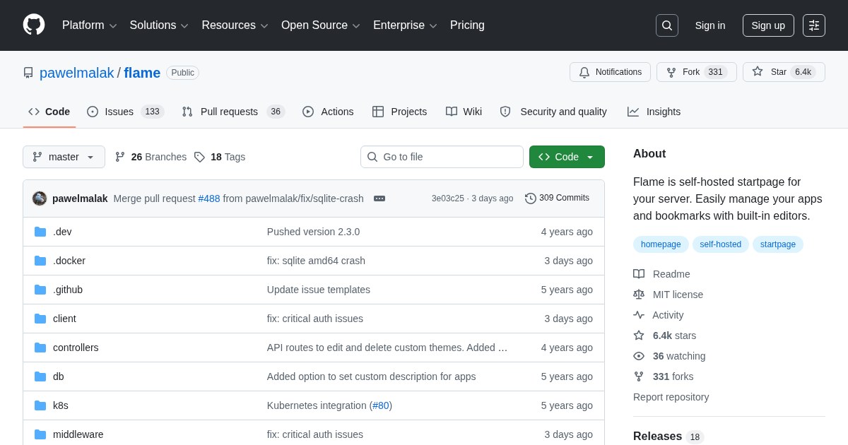 Flame: Self-hosted start page for servers with support