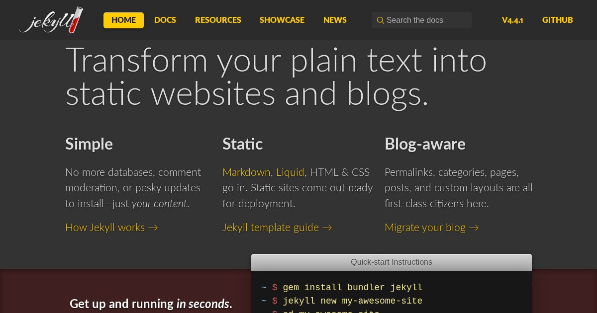 Jekyll: Simple, blog-aware static site generator