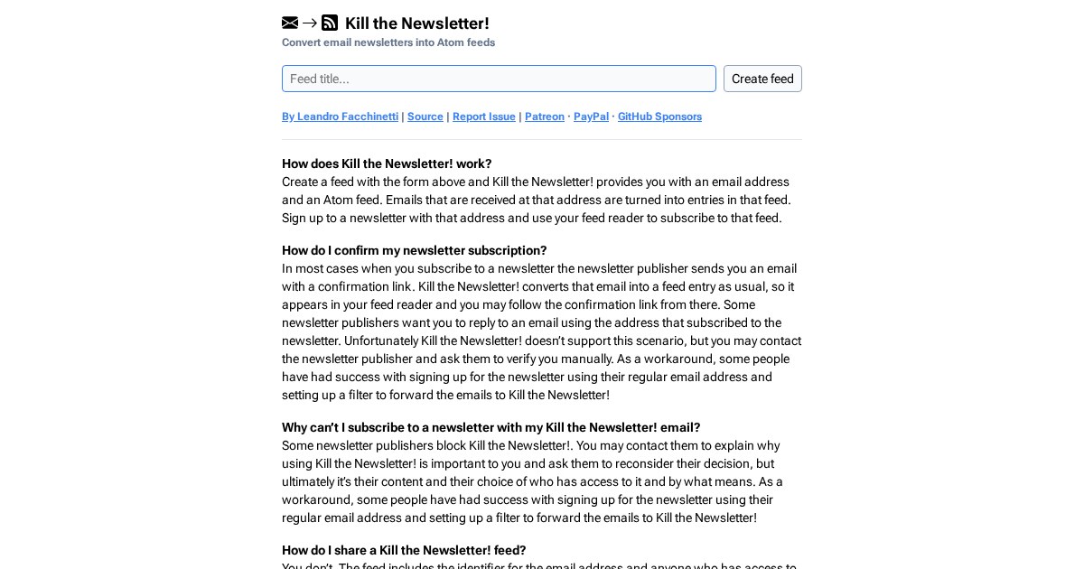 Kill-the-Newsletter: Convert email newsletters into Atom feeds