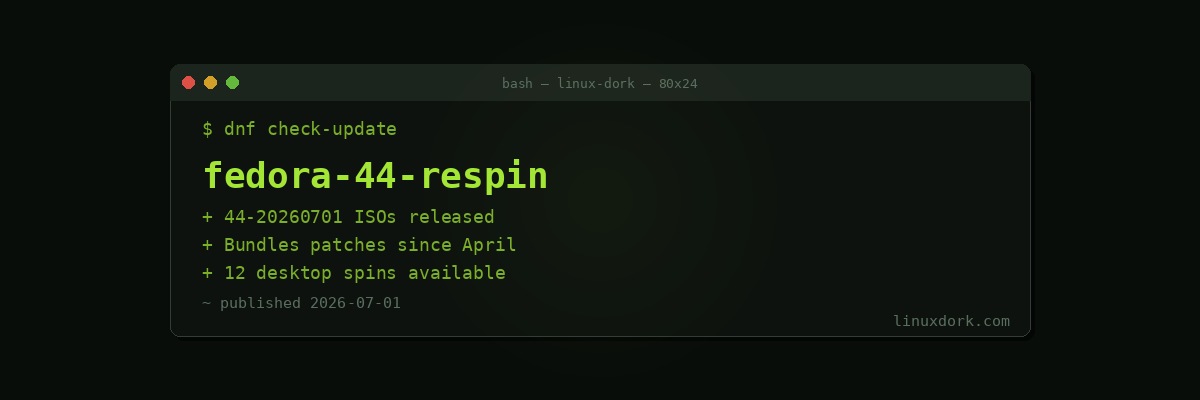 Fedora 44-20260701 Respin Ships: Every Patch Since April, Across a Dozen Desktops