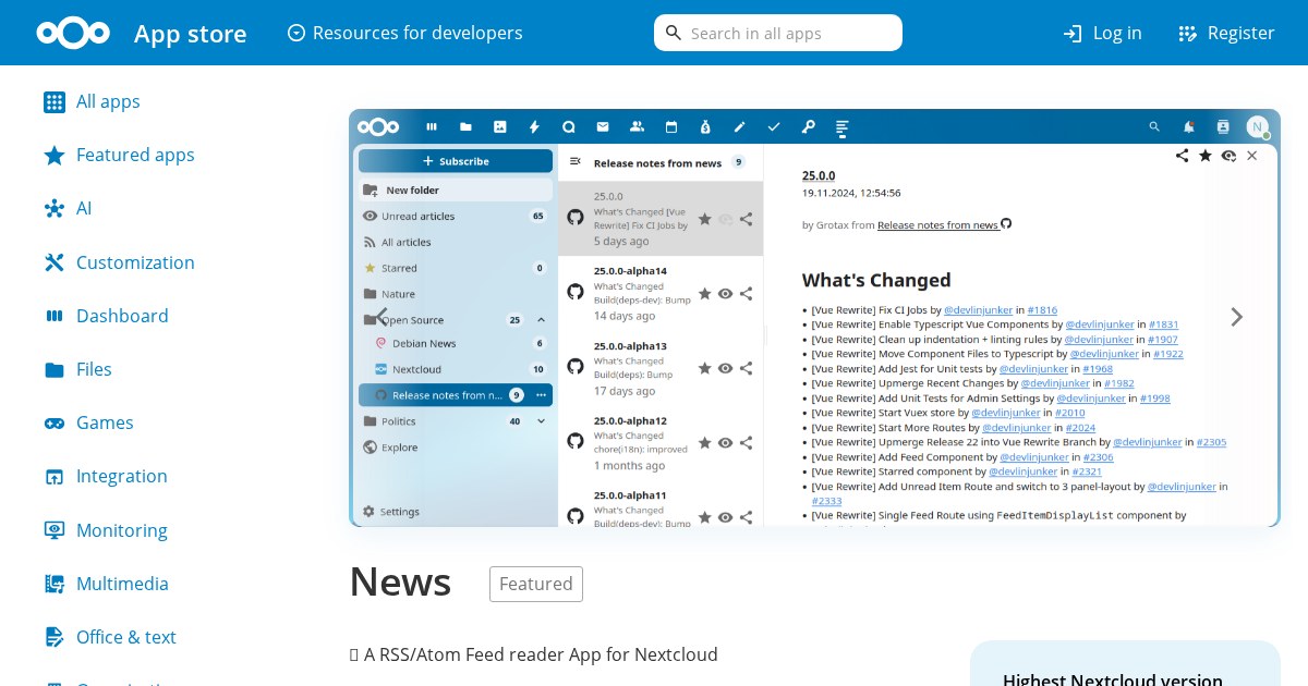 Nextcloud News: RSS/Atom feed reader