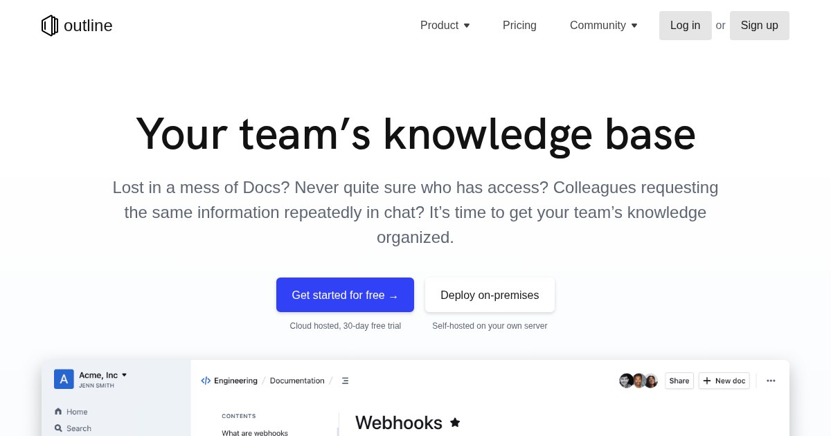 Outline: Modern team knowledge base for your internal documentation, product specs, support answers, meeting notes, onboarding, and more