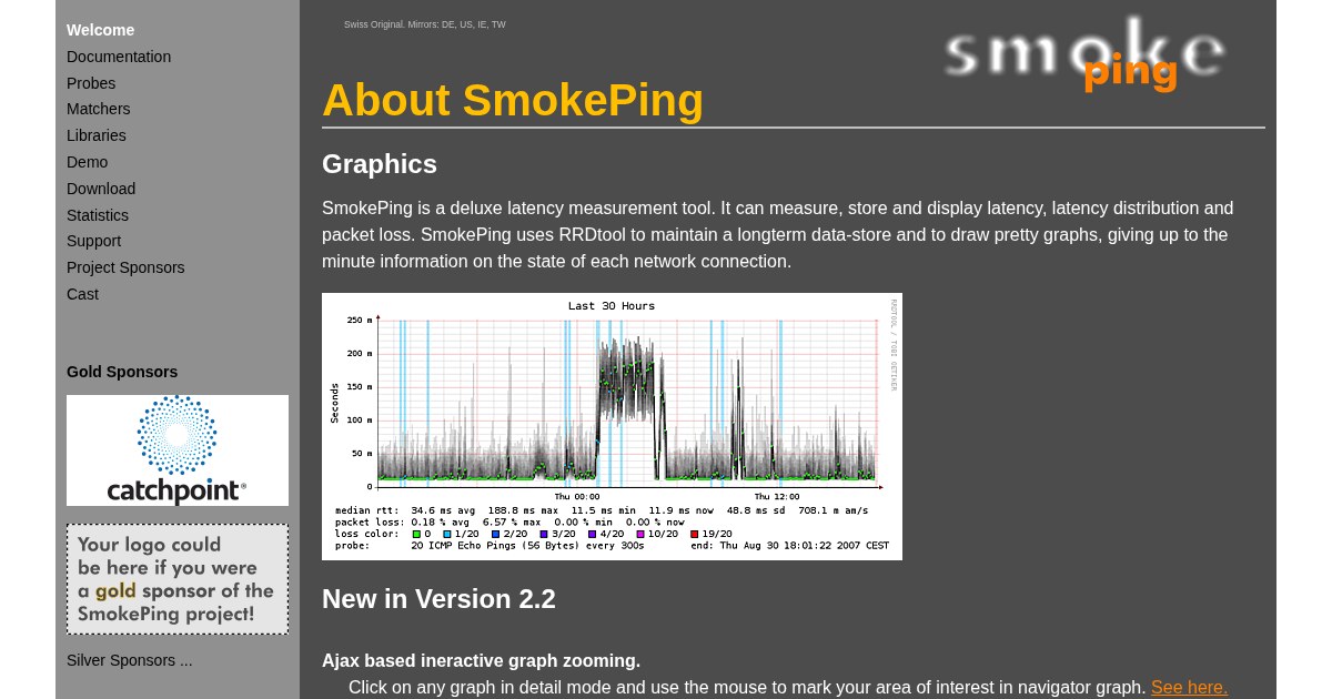 SmokePing: Latency logging, graphing, and alerts