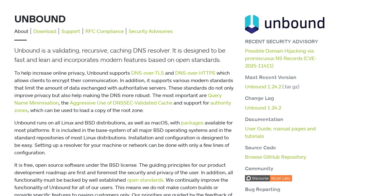 Unbound: Validating, recursive, and caching DNS resolver
